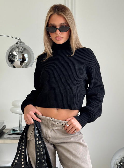 side view of model wearing Princess Polly Sayge Mock Neck Knit Sweater Black cropped 