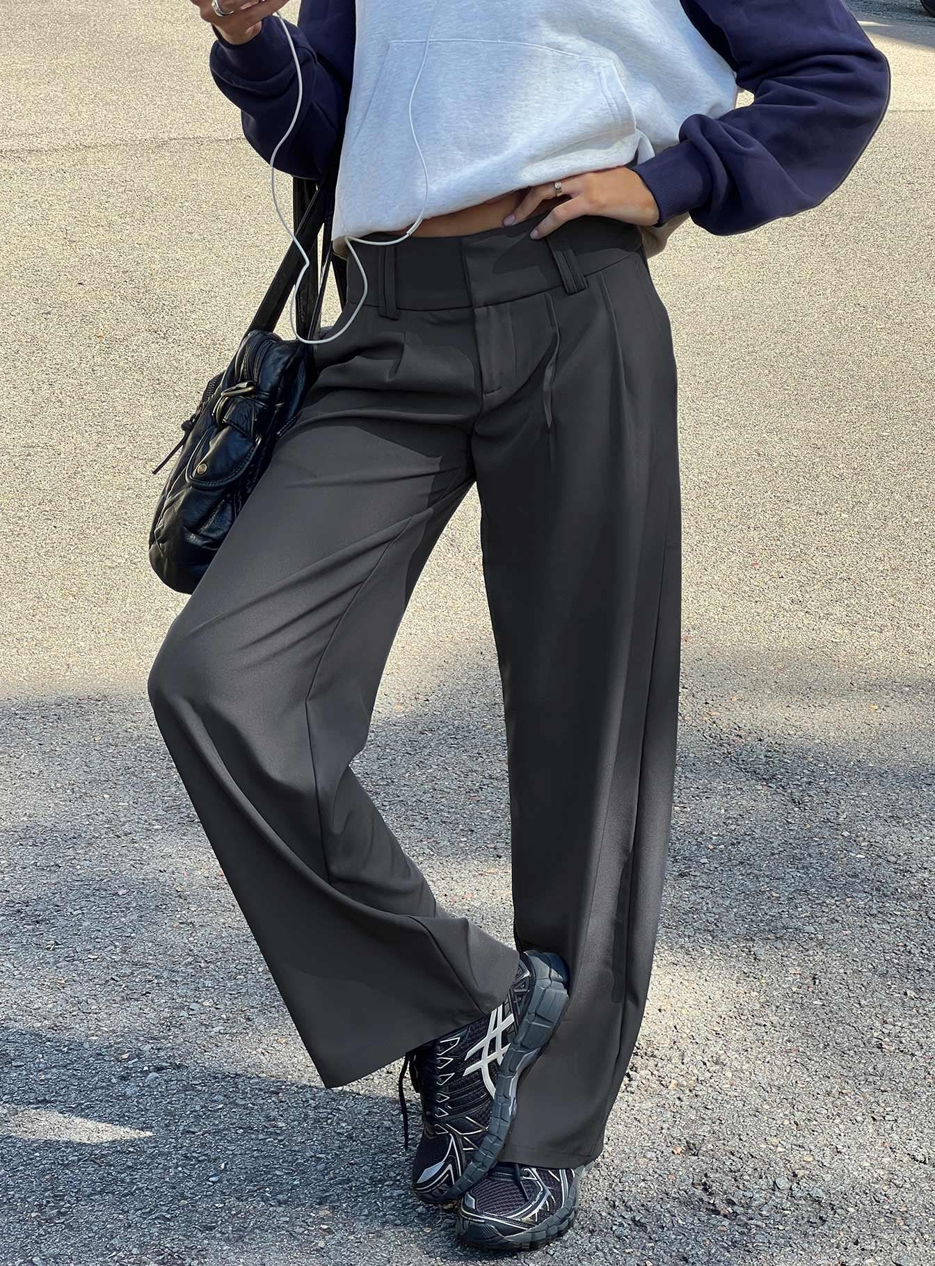 Featuring Two Lovers Low Rise Pants Slate in womens-regular-pants with belt detail side view of model wearing Princess Polly