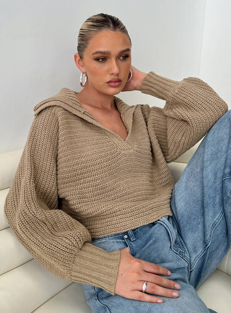 Wester Ribbed Sweater Mocha Princess Polly  Cropped 