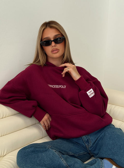 front view of model wearing Princess Polly Princess Polly x Butterfly Foundation Charity Merch Hoody Wine Long 