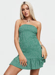 front view of model wearing Princess Polly Porschia Strapless Mini Dress Green Check Straight Neck 