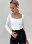 front view of model wearing Princess Polly Crasey Long Sleeve Bodysuit White Full Sleeves Square Neck 