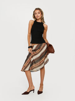   front view of model wearing Princess Polly Esmira Asymmetrical Midi Skirt Brown Stripe Midi Skirts 