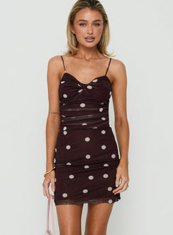 Edesia Ruched Mini Dress Chocolate Polka Dot