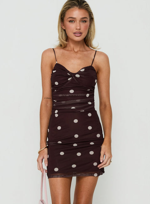Edesia Ruched Mini Dress Chocolate Polka Dot