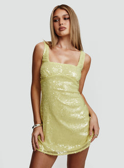 front view of model wearing Princess Polly Dasha Mini Dress Yellow Sequin Square Neck 