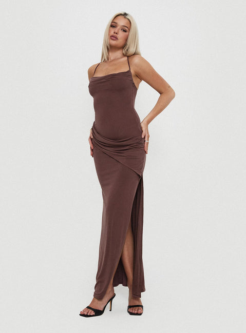 side view of model wearing Princess Polly Marchesi Cupro Maxi Dress Chocolate Square Neck 