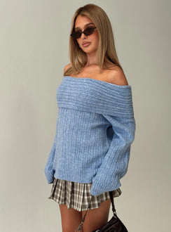 back view of model wearing Princess Polly Snowie Off Shoulder Knit Sweater Blue 