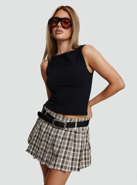   side view of model wearing Princess Polly Envision Pleat Mini Skirt Brown Multi Mini Skirts 
