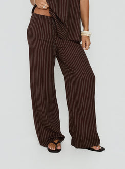 Showcasing Amibella Mid Rise Wide Leg Pants Brown / Cream Stripe womens-regular-pants mid-rise front view of model wearing