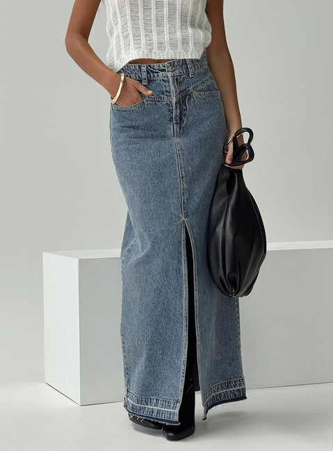   front view of model wearing Princess Polly Deneuve Denim Maxi Skirt Mid Wash Maxi 
