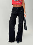 side view of model wearing Princess Polly Benicale Low Rise Cargo Pants Black Low Rise Pants 