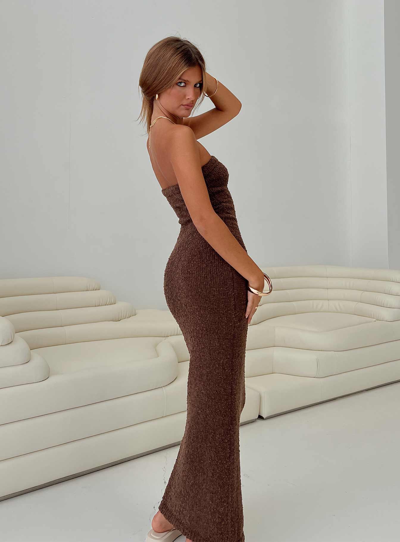 side view of model wearing Princess Polly Cloud Strapless Boucle Maxi Dress Chocolate Straight Neck 