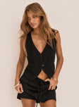 front view of model wearing Princess Polly Ginger Linen Blend Vest Black Sleeveless Plunger 