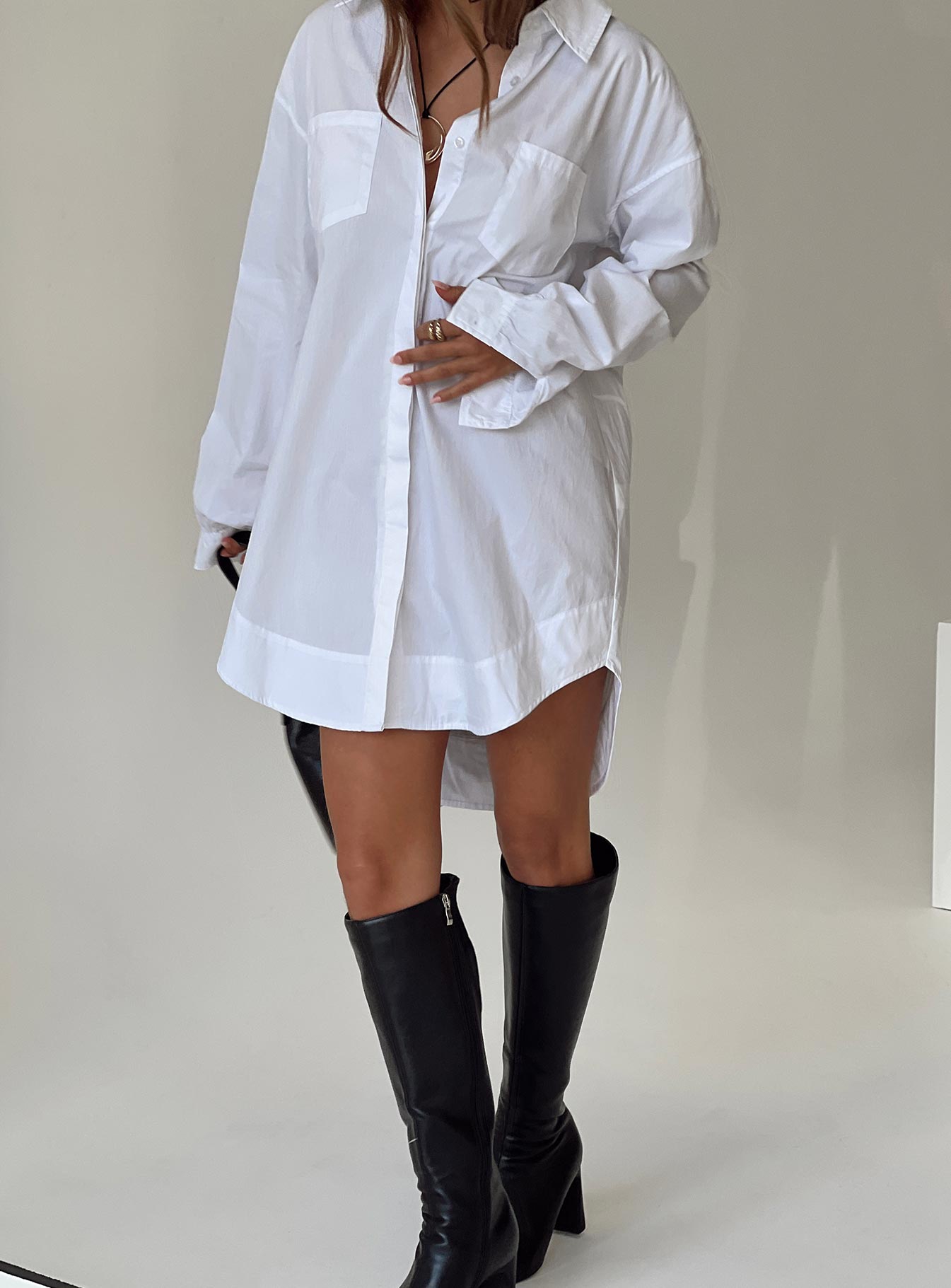 front view of model wearing Princess Polly Koumi Mini Shirt Dress White V-Neck 