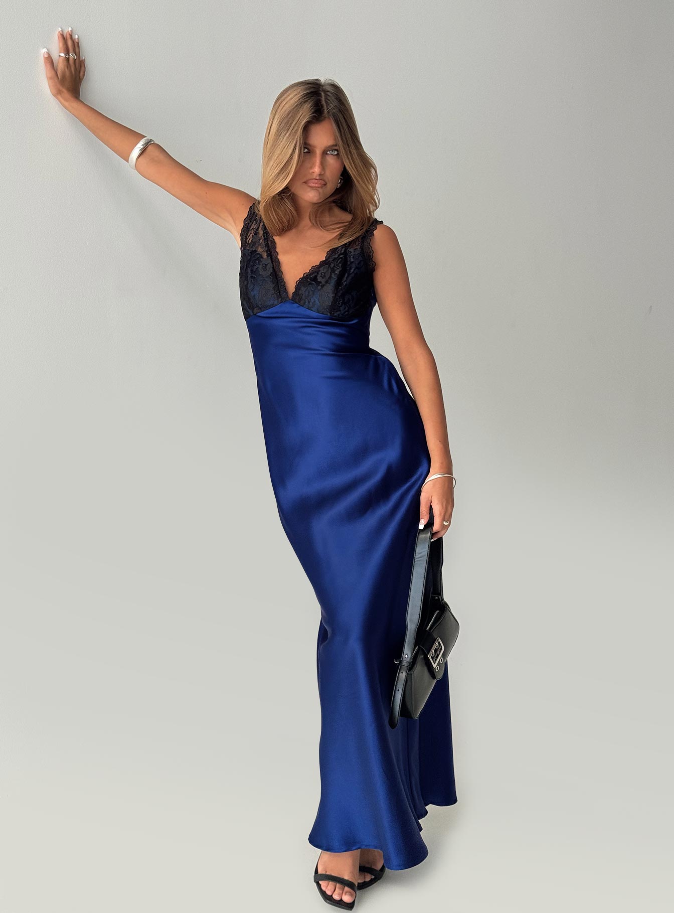 front view of model wearing Princess Polly Voila Lace Maxi Dress Navy / Black V-Neck 