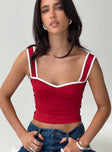 front view of model wearing Princess Polly Last Words Top Red Sleeveless Sweetheart 