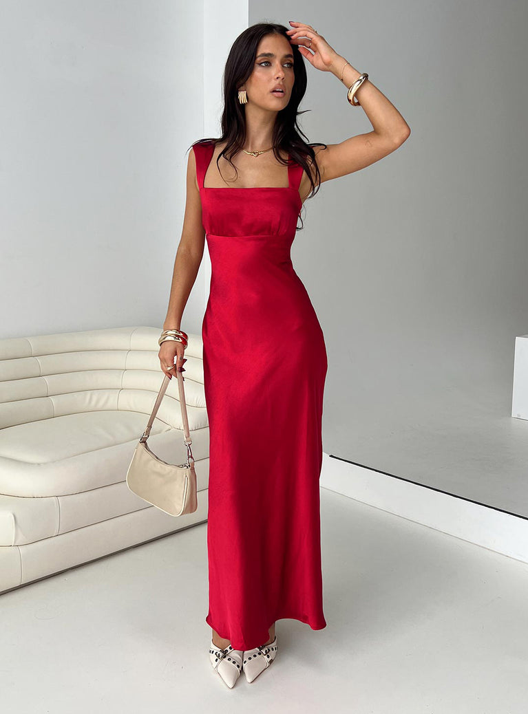 side view of model wearing Princess Polly Radioactive Bias Cut Maxi Dress Red Square Neck 