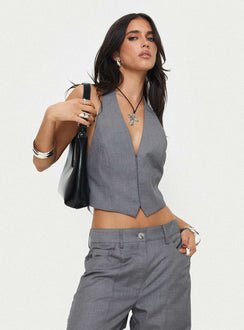 front view of model wearing Princess Polly Je Suis Halter Top Slate Sleeveless V-Neck 