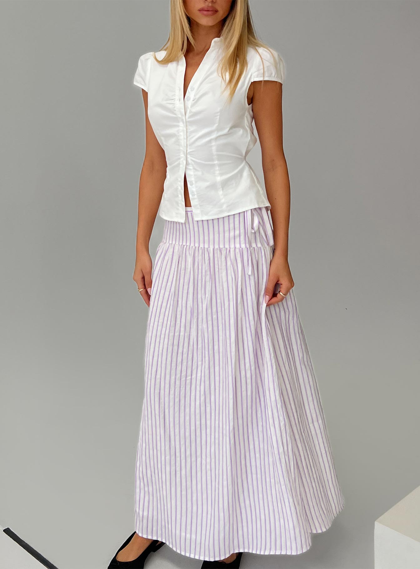   front view of model wearing Princess Polly Antheia Maxi Skirt White Multi Maxi 