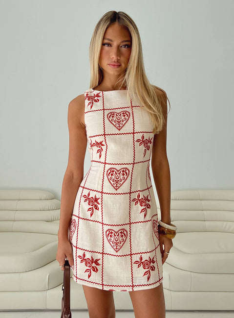 front view of model wearing Princess Polly Alfalfa Shift Mini Dress Red Floral Check Crew Neck 