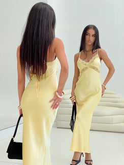 back view of model wearing Princess Polly Treasure Bias Cut Maxi Dress Lemon V-Neck 