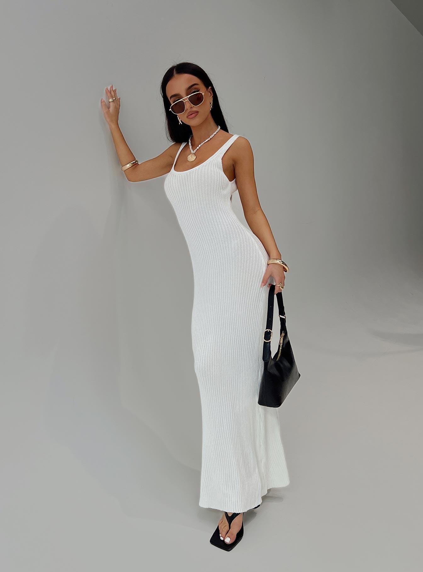 side view of model wearing Princess Polly Spirited Maxi Dress White Scoop Neck 
