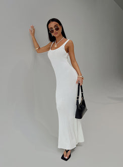 side view of model wearing Princess Polly Spirited Maxi Dress White Scoop Neck 