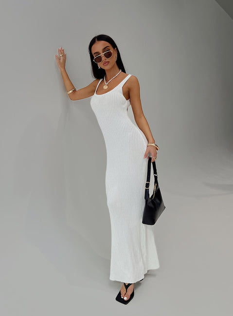 side view of model wearing Princess Polly Spirited Maxi Dress White Scoop Neck 