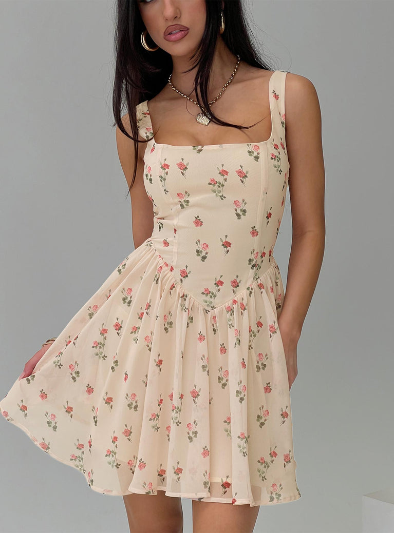 Straplie Mini Dress Cream Floral