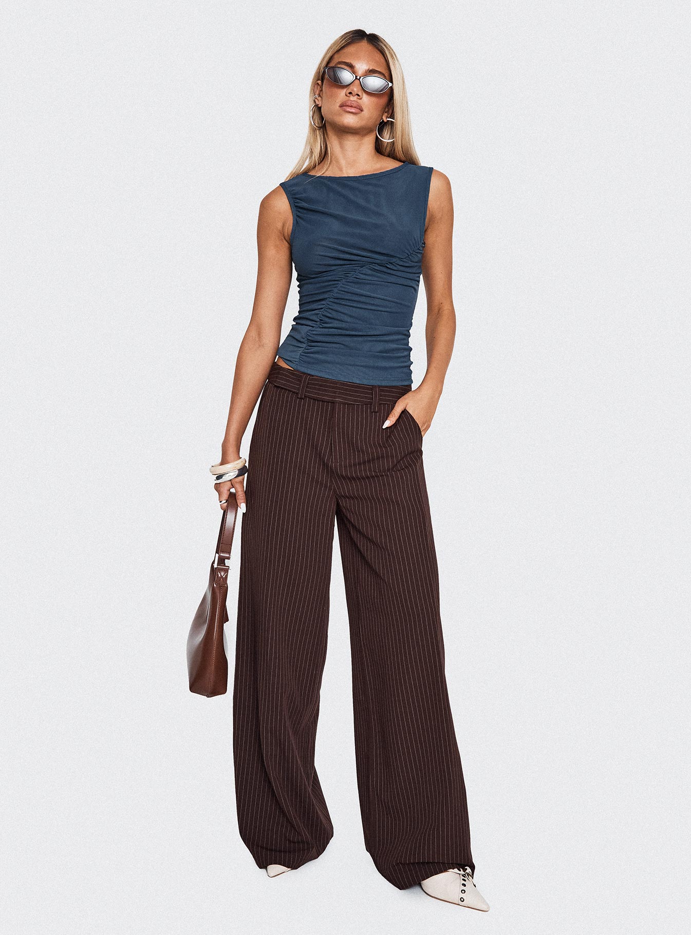 front view of model wearing Princess Polly Lustre Wide Leg Pant Brown Pinstripe Low Rise Pants 