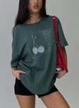 front view of model wearing Princess Polly Sour Cherry Oversized Tee Moss Green Half Sleeves Crew Neck 