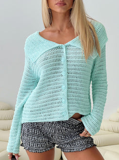 front view of model wearing Princess Polly Tuscon Crochet Sweater Blue 