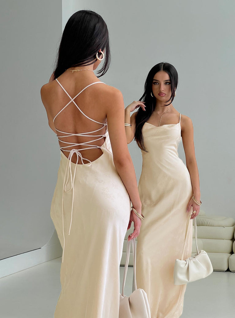 back view of model wearing Princess Polly Esti Maxi Dress Champagne Cowl Neck 