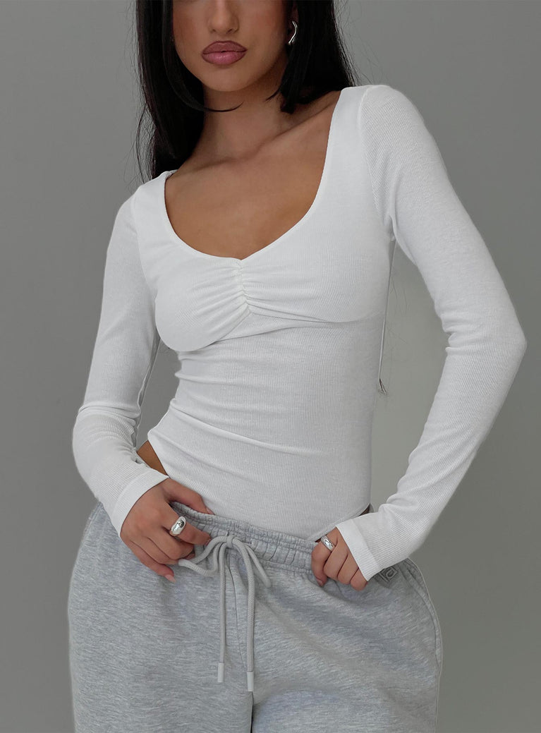 front view of model wearing Princess Polly Lunella Bodysuit White Full Sleeves 