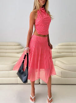   front view of model wearing Princess Polly Scenic Route Asymmetrical Midi Skirt Red Check Midi Skirts 