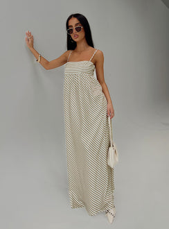 side view of model wearing Princess Polly Pansotti Maxi Dress Beige / White Stripe Square Neck 