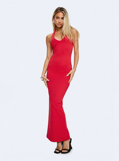 side view of model wearing Princess Polly Spicy Maxi Dress Red Plunger 