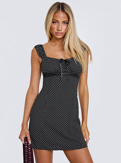 front view of model wearing Princess Polly Joseleine Mini Dress Black / Polka Scoop Neck 