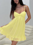 front view of model wearing Princess Polly Stolen Kisses Mini Dress Lemon Sweetheart Neckline 