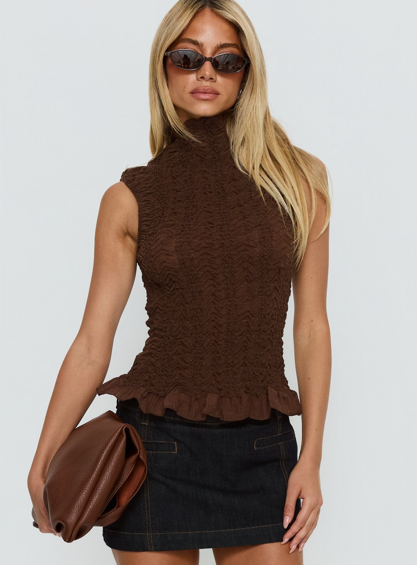 Danira High Neck Textured Top Brown
