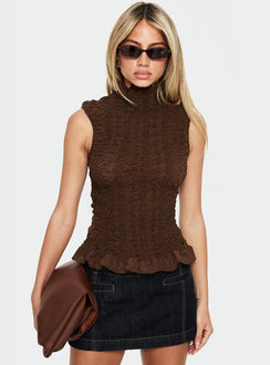 Danira High Neck Textured Top Brown