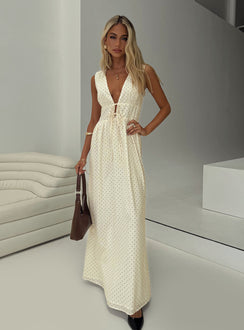 front view of model wearing Princess Polly Pokey Maxi Dress Cream / Polka Dot Plunger 