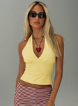 front view of model wearing Princess Polly Whimsy Halter Top Lemon Sleeveless Plunger 