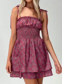 front view of model wearing Princess Polly Benicio Mini Dress Burgundy Floral Square Neck 