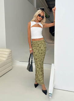 back view of model wearing Princess Polly Piazia Maxi Skirt Green Maxi 