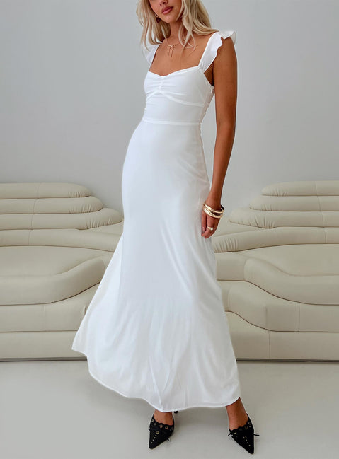 front view of model wearing Princess Polly Landon Maxi Dress White Sweetheart Neckline 