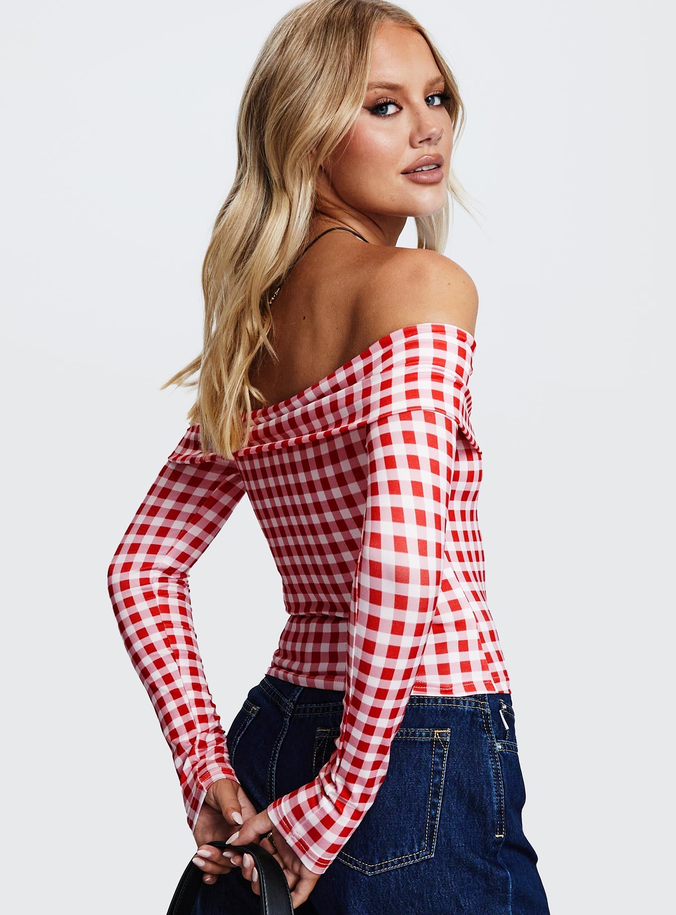 back view of model wearing Princess Polly Singular Off The Shoulder Long Sleeve Top Red Check Full Sleeves straight 
