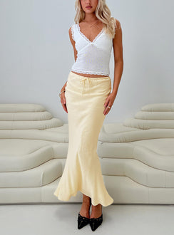   front view of model wearing Princess Polly Mercer Linen Blend Maxi Skirt Lemon Maxi 