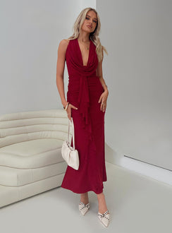 front view of model wearing Princess Polly Corzetti Maxi Dress Burgundy Plunger 